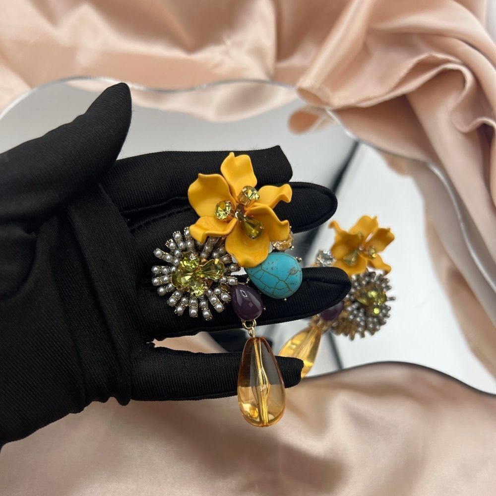 Vibrant Statement Floral Yellow Drop Earrings with Beaded Details - Picture 7 of 8